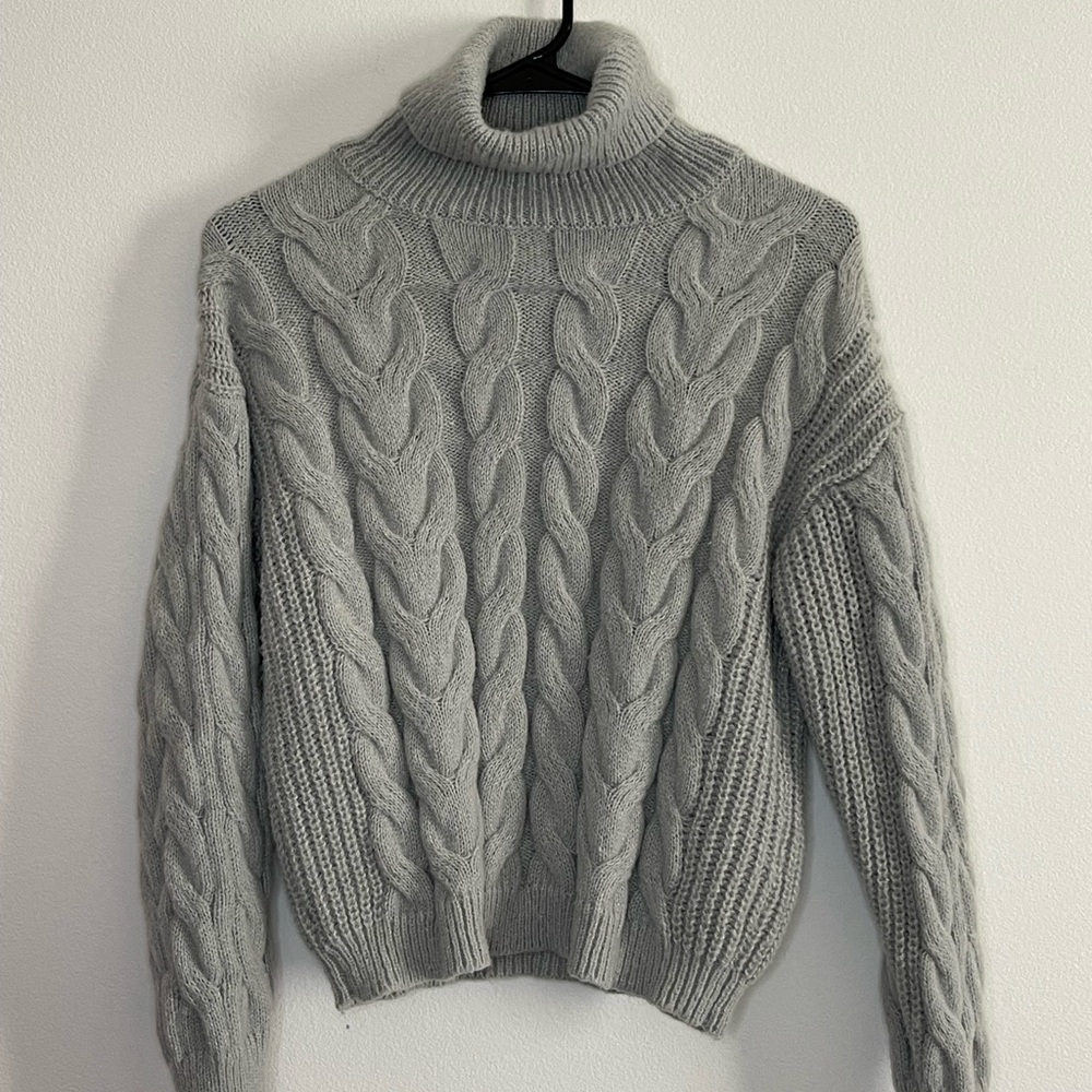 Gray Cable Knit Turtleneck Sweater